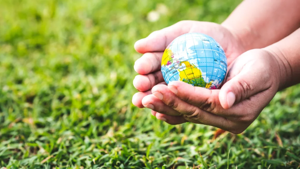 Image is showing hands holding a small globe over green grass, symbolizing environmental protection.